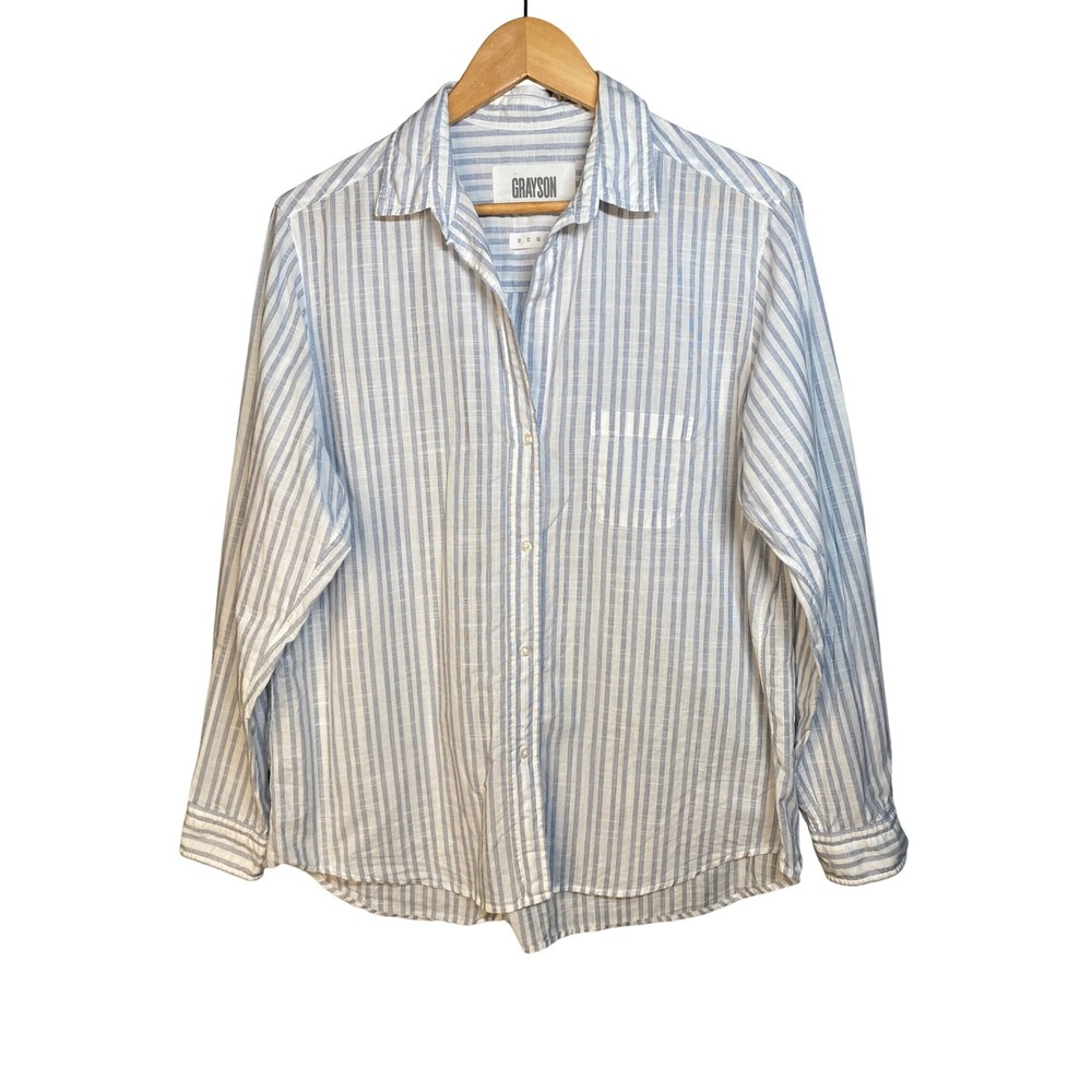 Grayson The Hero Button Up Shirt Womens Size 4 Blue White Striped Cotton